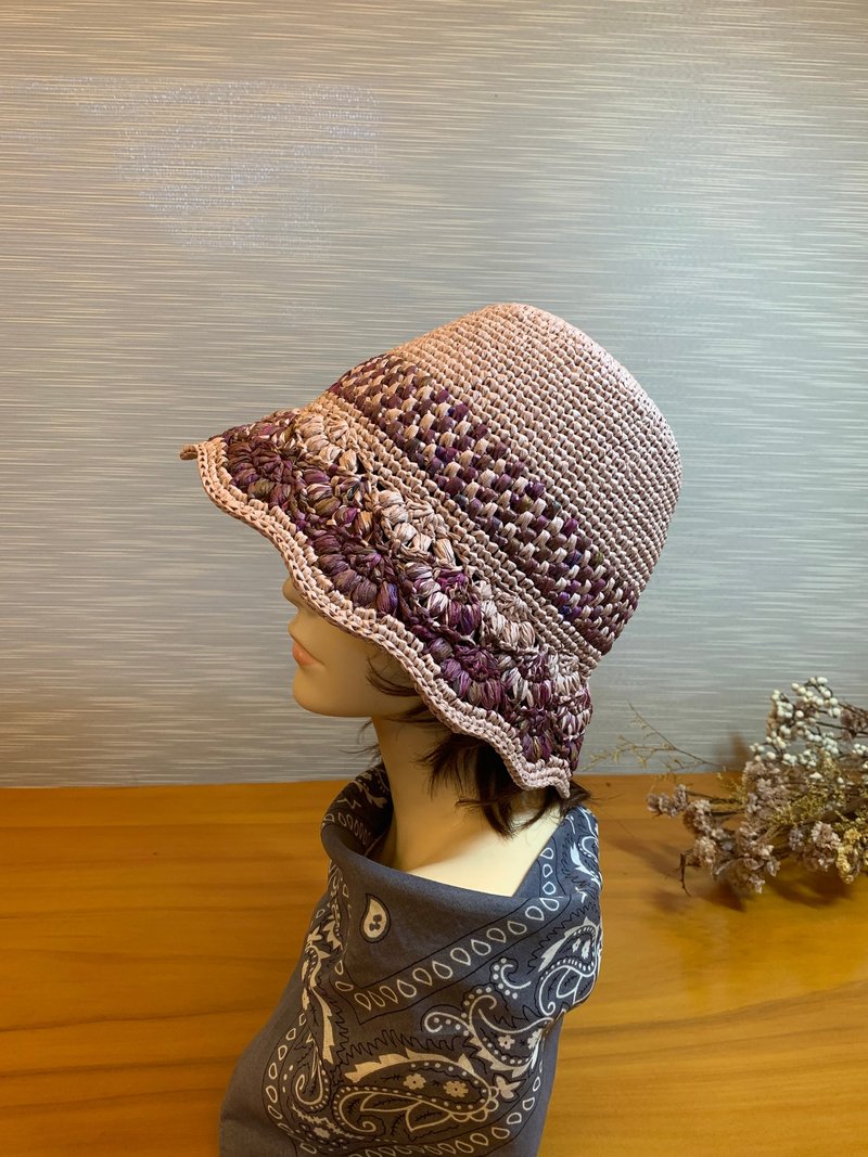 Handmade short lightweight bucket hat. Japanese wire. Morandi pink + purple segment dye splash/sun hat - Hats & Caps - Paper 