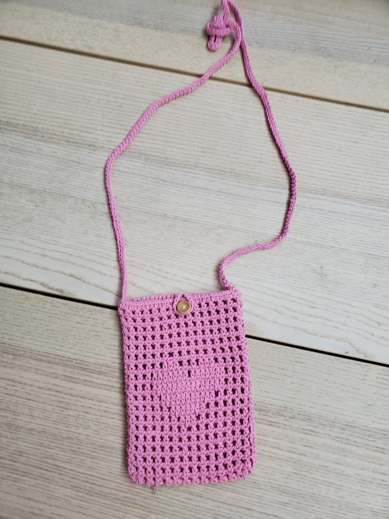 有禮貌穿搭 文創 粉色 handmade 手作 針織包 手機包 - 側背包/斜背包 - 棉．麻 粉紅色