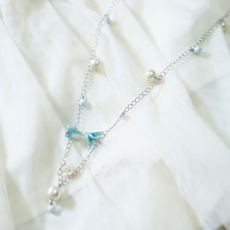 Light Blue Mianzhu Qianyu long necklace - สร้อยคอยาว - กระดาษ สีน้ำเงิน