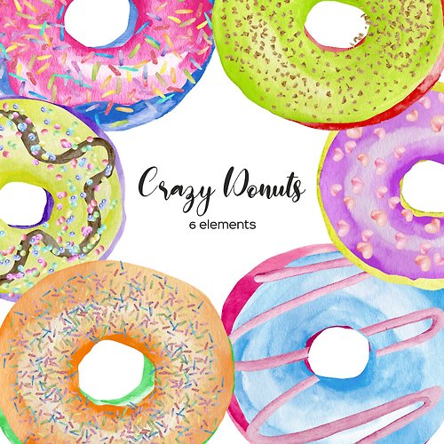 Art and Funny Watercolor Donuts Clipart, Colorful Sweet Donuts PNG