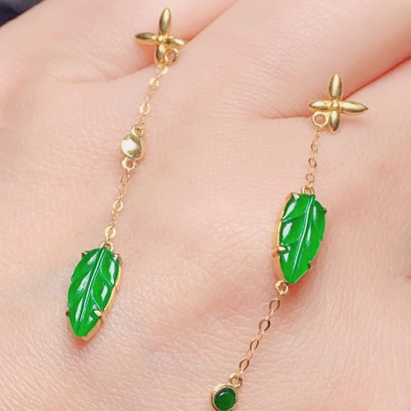 Zhengyang Green Jadeite Leaf Design Earrings 18K Gold Inlaid | Natural A Jadeite | Gift