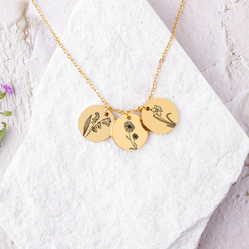 Anniversary Necklace Birth Flower Necklace Personalized Gifts Wife Birth Necklac - สร้อยคอ - โลหะ สีทอง