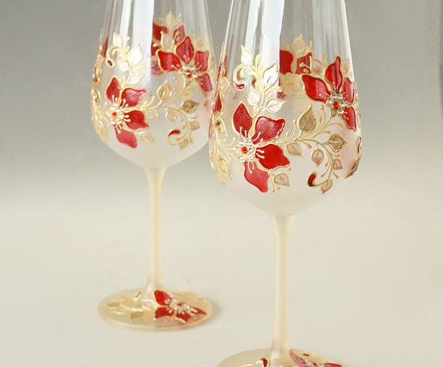 ゴールド レッド ワイングラス 結婚記念日 手描き 2個セット - ショップ NeA Glass ワイングラス・酒器 - Pinkoi