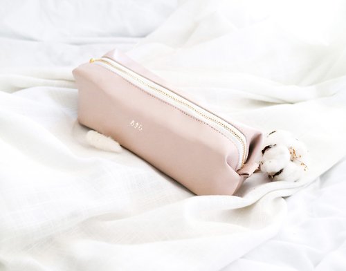 Pursful 【客製化】 燙金姓名筆袋 大容量－祼粉色皮革筆盒