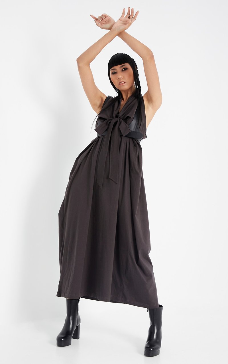 Women's Convertible Collar Sleeveless Dress in Charcoal - One Piece Dresses - Cotton & Hemp Gray