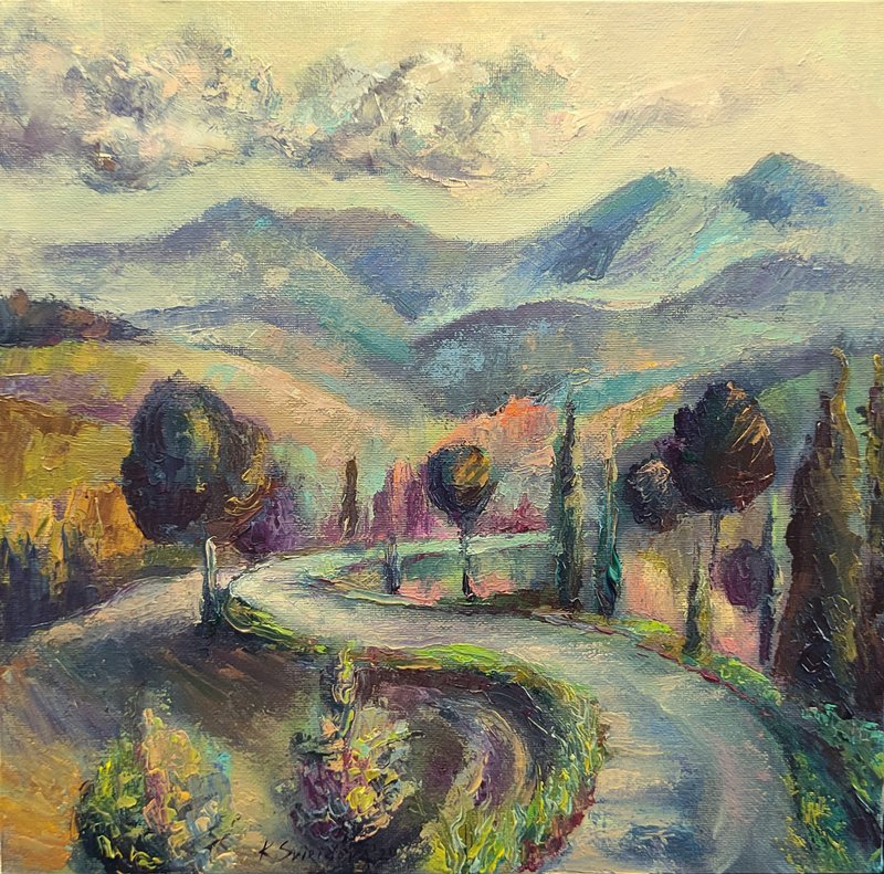 Tuscany Painting Mountain Original Art Italy Painting Landscape Vintage Wall Art - 海報/掛畫/掛布 - 其他材質 多色