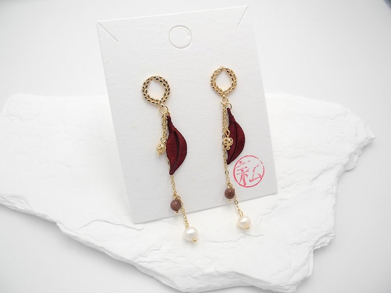 [Joy] Tangled Flower Earrings Red Hair Crystal Pearl 925 Silver - Earrings & Clip-ons - Thread Red