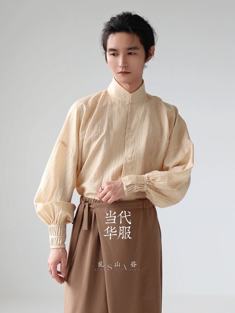 亂山昏 新中式國風原創立領束袖輕薄無感通勤日常長袖漢服襯衫男 - 男襯衫/休閒襯衫 - 其他材質 