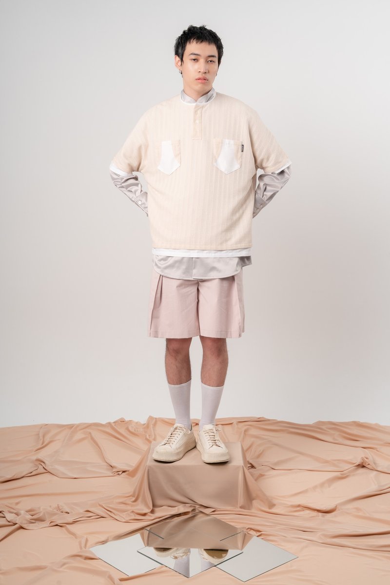 雙層連袖蕾絲上衣 - 男 T 恤 - 棉．麻 卡其色