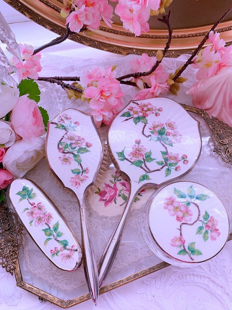 Silver Makeup Brushes Pink - Western antique treasure 1910 British hand-painted cherry blossom silver plated hand mirror mirror antique mirror