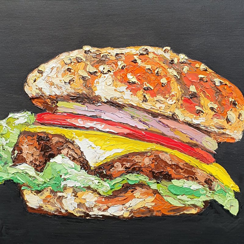 Sandwich Painting Hamburger Original Art Fast Food Cutlet Bun Burger Sesame Food - โปสเตอร์ - วัสดุอื่นๆ สีดำ