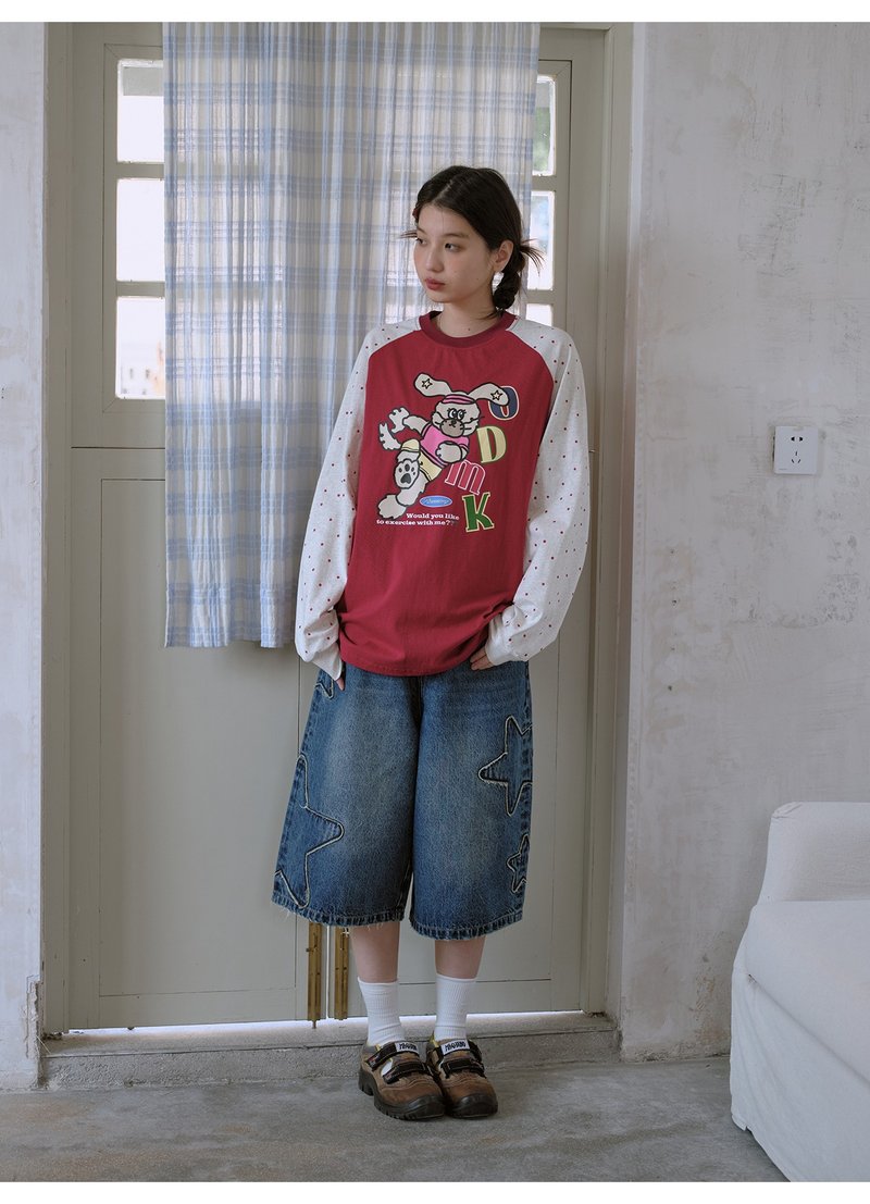 odd maker原創撞色卡通印花波點長袖T恤女春季休閒顯瘦拼接上衣 - 女 T 恤 - 棉．麻 