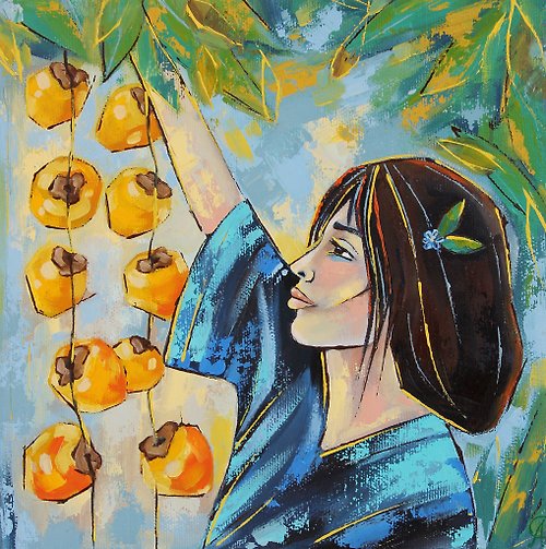 ARTbyAnnaSt 亚洲妇女画柿子 原创艺术 中国艺术品 厨房壁画