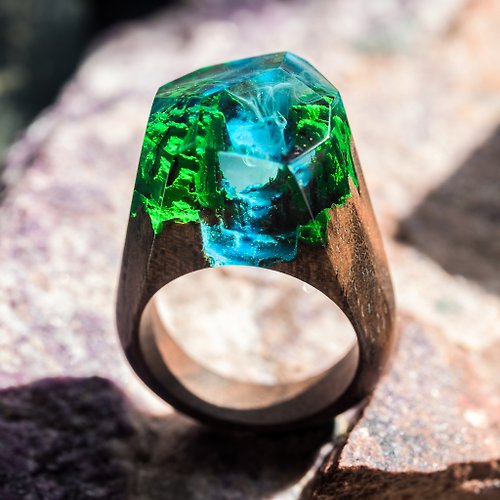 Green Wood 獨特的樹脂木戒指女士手工珠寶尼亞加拉瀑布男士禮物