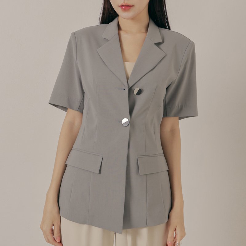 Vintage cut short sleeve blazer - green gray - เสื้อสูท/เสื้อคลุมยาว - ผ้าฝ้าย/ผ้าลินิน สีเทา