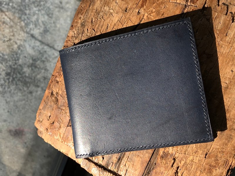 Dark blue leather handmade short clip 3 card sandwich + coin pocket 2 dark spot Christmas gift - Wallets - Genuine Leather Blue