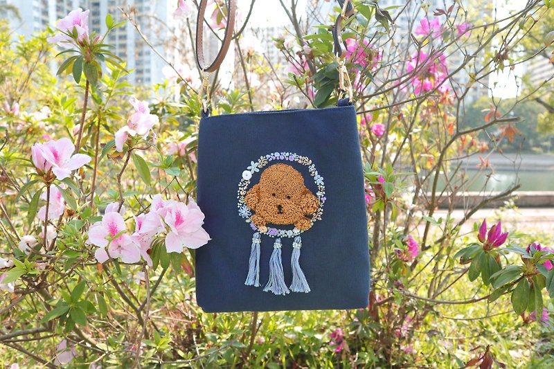 Handmade Embroidery Doggie &amp; Dreamcatcher Tote Bag | Poodle, Navy