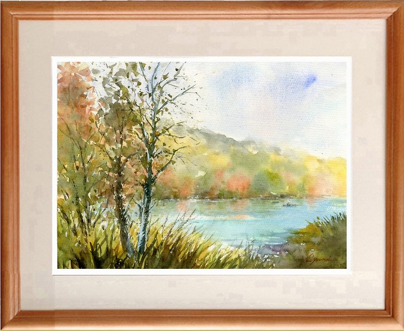 Watercolor painting on the lakeside of autumn leaves - Posters - Paper Orange