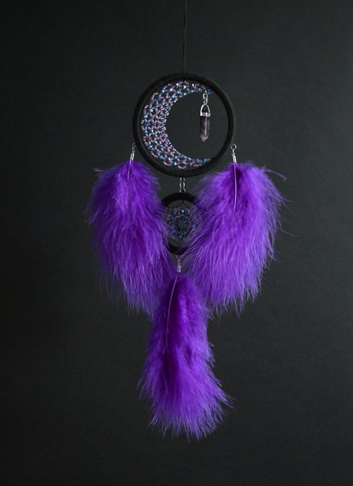 VIDADREAMS Purple crescent moon dream catcher with amethyst crystal ฝันจับดวงจันทร์