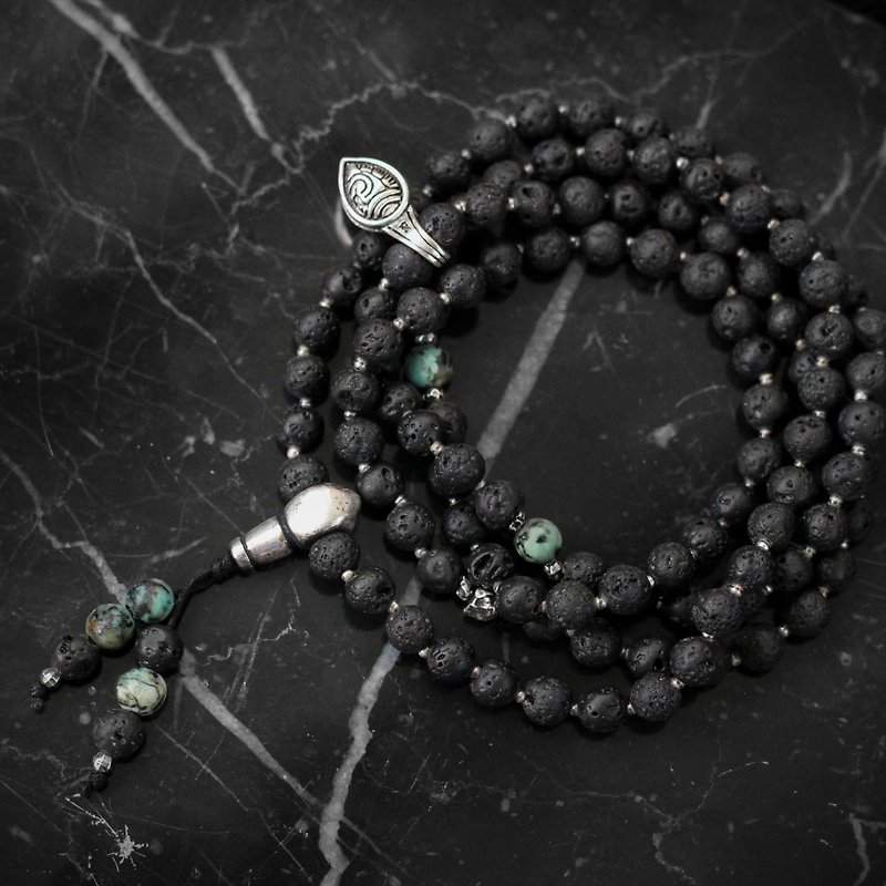 (Special Zone) Ink India. Natural ore four chains 108 beads beads black volcanic stone turquoise 925 silver - สร้อยข้อมือ - เครื่องเพชรพลอย สีดำ