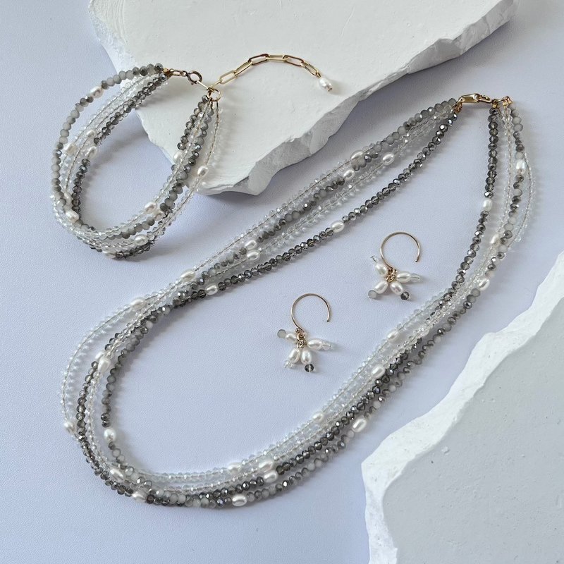 Silver Whisper Multi-Strands Necklace Bracelet Earring - สร้อยคอ - ไข่มุก สีเทา