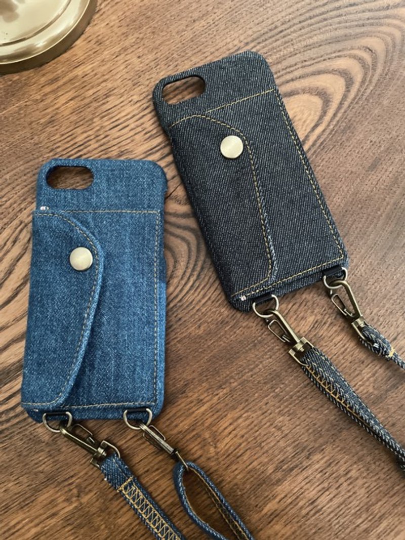 Okayama denim button pocket smartphone case with strap, card pocket, card holder, drop prevention - Other - Cotton & Hemp 