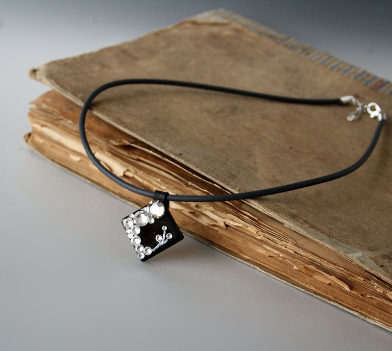 Black Glass Pendant Necklace, Swarovski Crystals, Hand Crafted - Necklaces - Glass Black