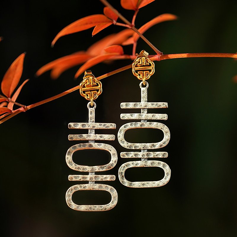 Sterling Silver Earrings & Clip-ons - S925 Silver shouxi big earrings hand-made group shouxi character Chinese retro niche design hammer earrings