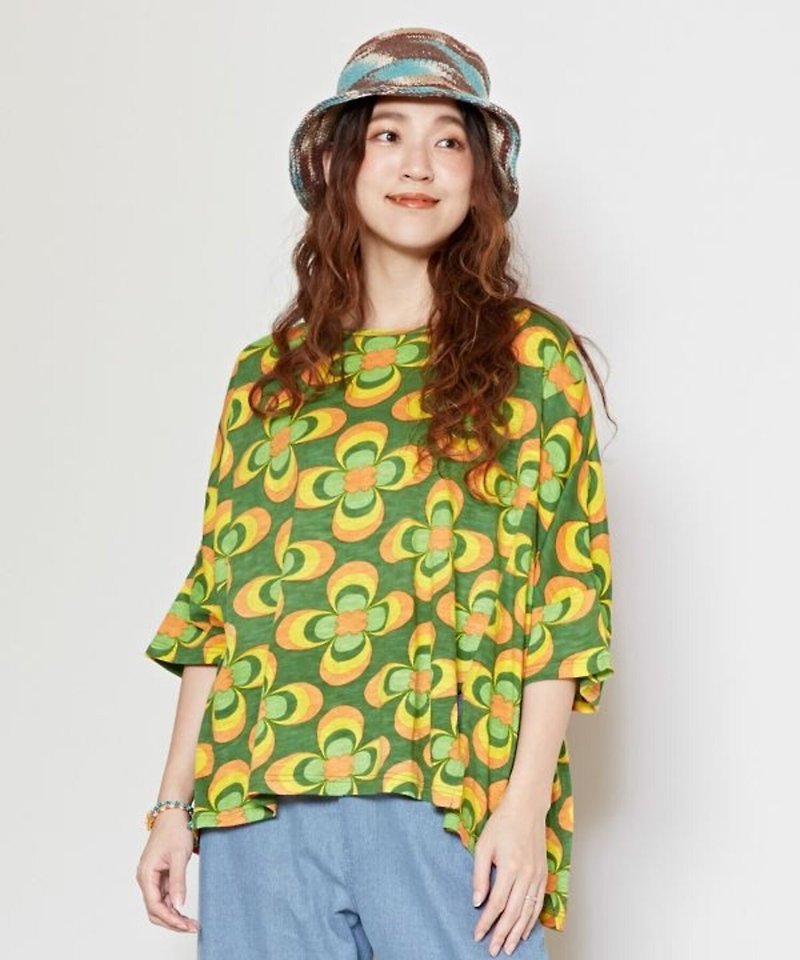 [Popular pre-order] 70s pop art hippie full-print loose loose T-shirt (3 colors) IAC-4162 - Women's T-Shirts - Cotton & Hemp 