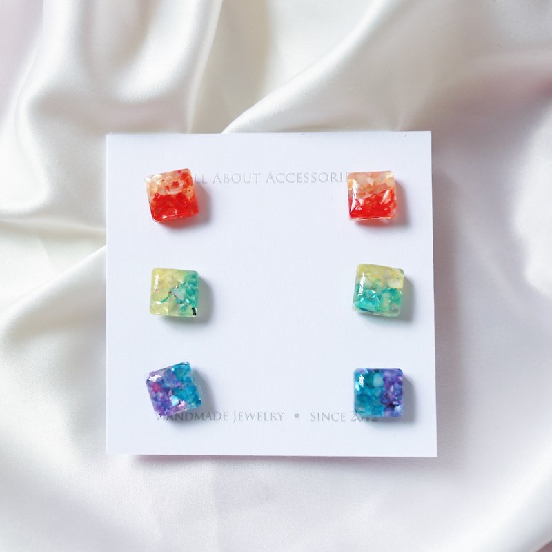 Time Gravel Series - Small Square Rainbow Earrings / Ear Pins - Earrings & Clip-ons - Other Materials Multicolor