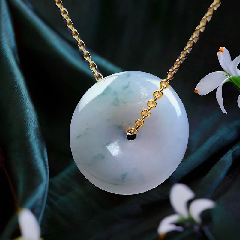 [May ‧Peace] Ice type floating flower jade peace buckle necklace | Natural Burmese jade A grade jade | - สร้อยคอ - หยก หลากหลายสี
