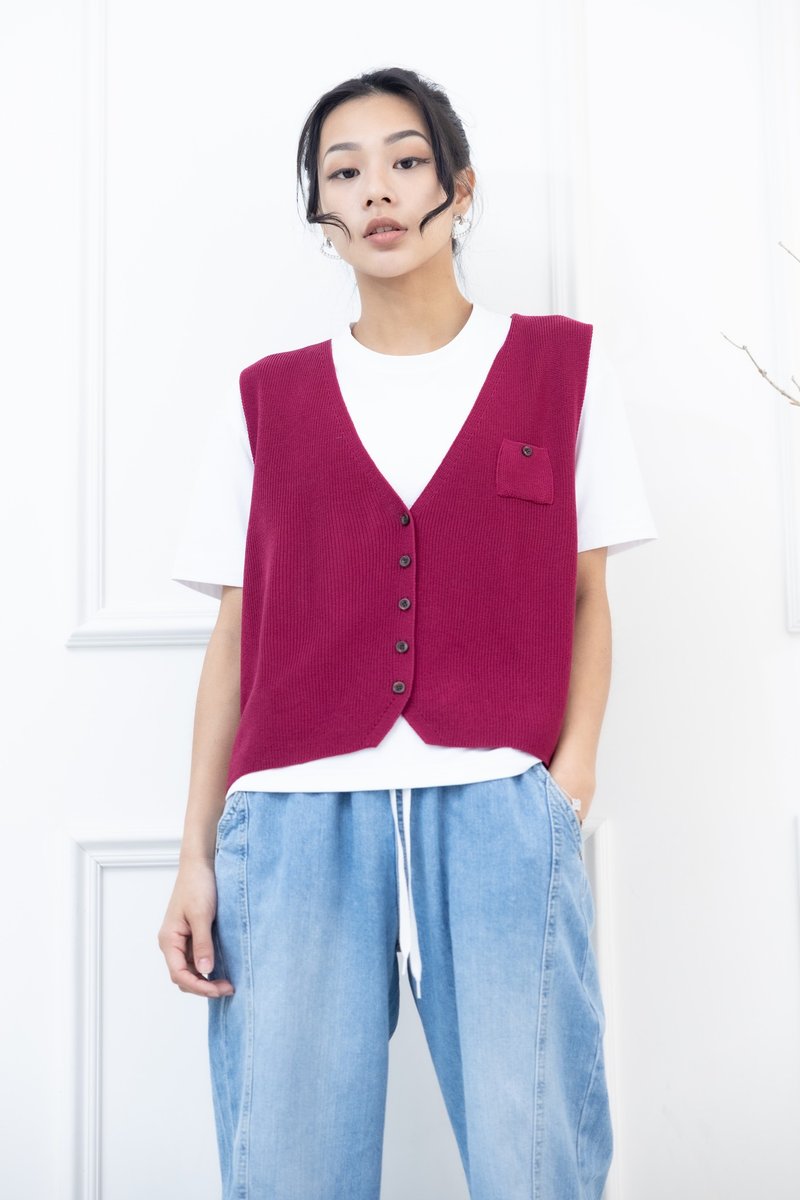 Pocket Full-Zip Knit Vest - Dusty Rose - Women's Vests - Other Materials Pink