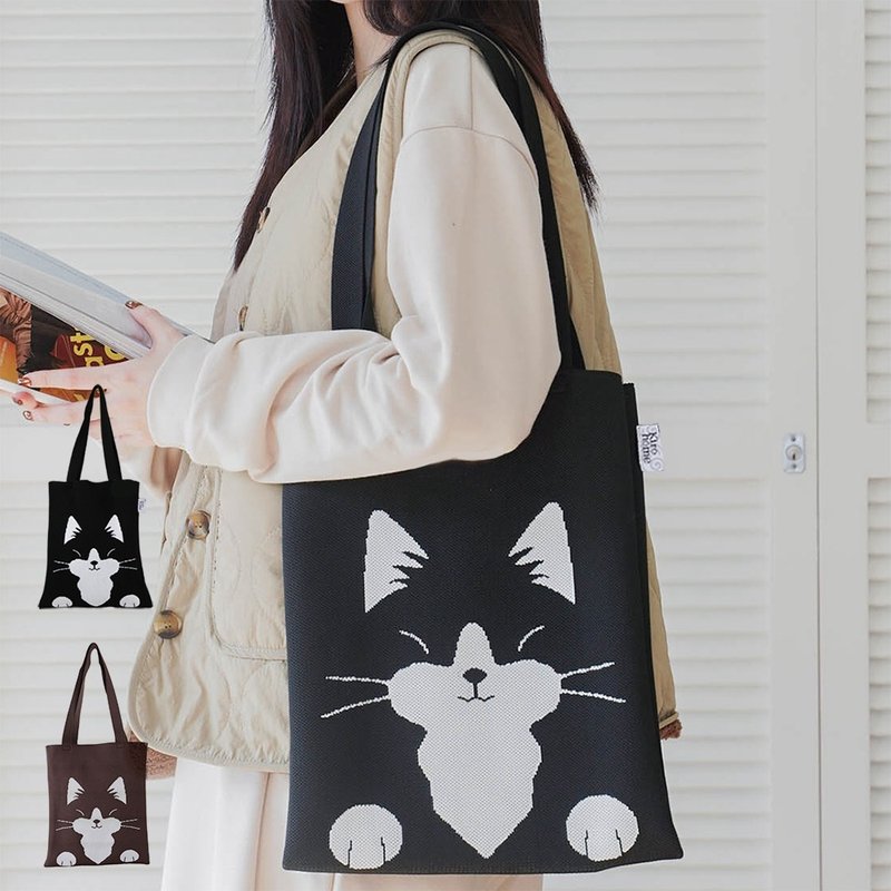 Mercedes Cat Knitted Tuition Bag/Shoulder Bag [300022] - กระเป๋าถือ - ผ้าฝ้าย/ผ้าลินิน สีดำ