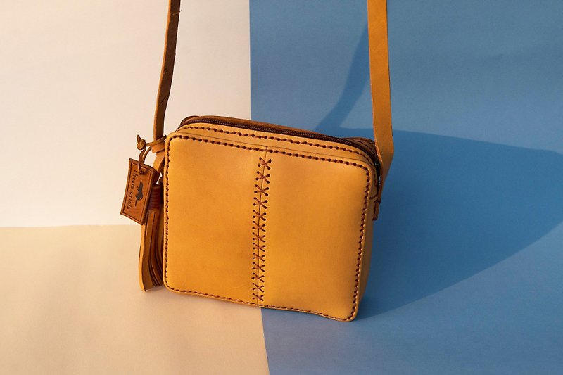 SQUARE SHAPE LEATHER CROSS BODY BAG- YELLOW - Messenger Bags & Sling Bags - Genuine Leather Yellow