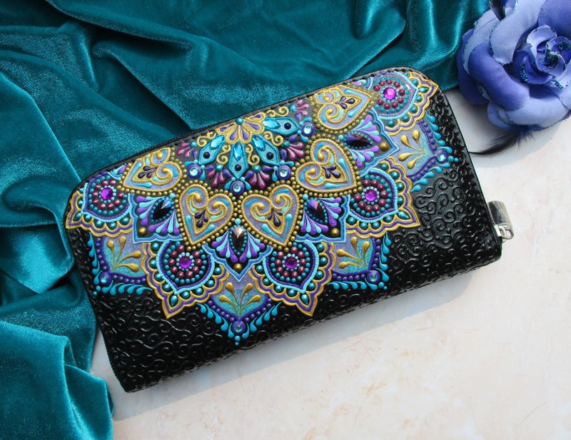 Large leather wallet, Clutch wallet, Wallet lady, Credit card case, Mandala - 錢包/皮夾/長短夾 - 真皮 多色