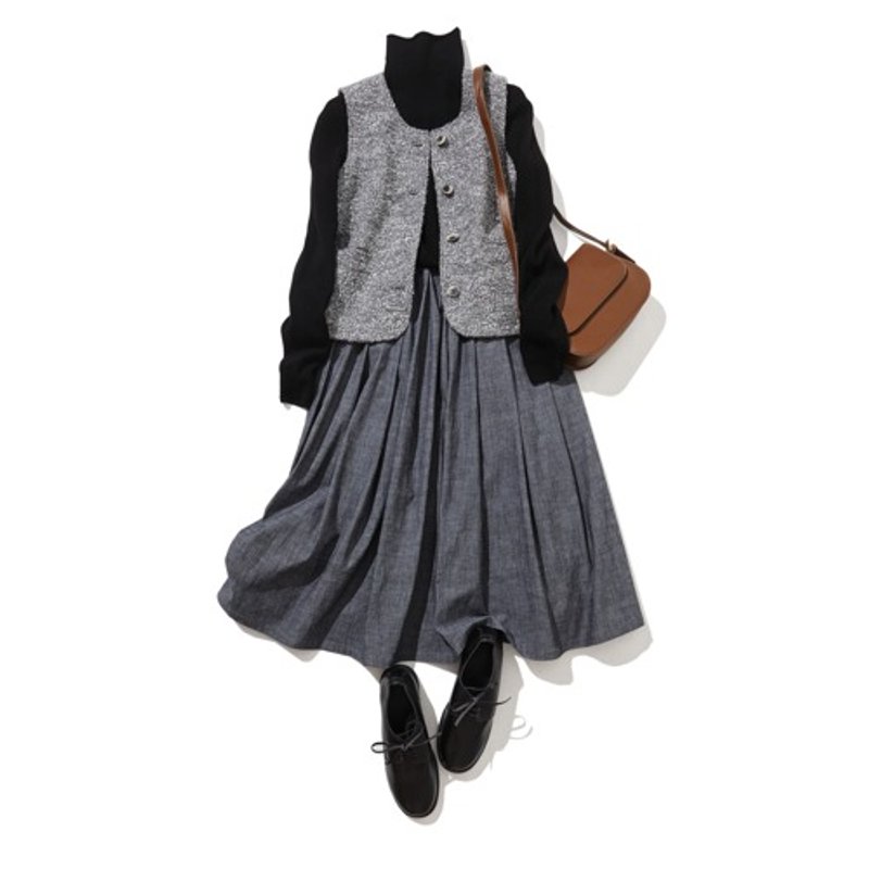 Moderately elegant denim skirt, tucked skirt, long skirt 221201-1 - กระโปรง - ผ้าฝ้าย/ผ้าลินิน 