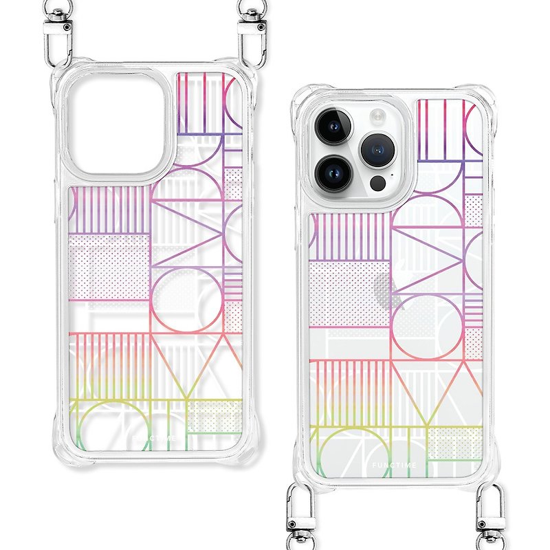 [Functime] Gradient Geometric Line Dots Transparent Four Corners Lanyard Hole Phone Case - Phone Cases - Plastic Transparent