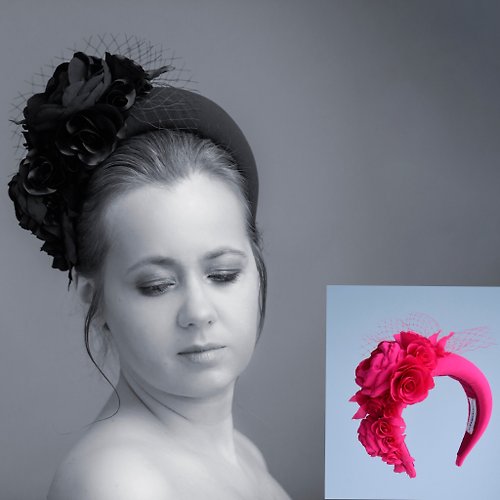TailoredMagic Hot pink fascinator headband for wedding guests with birdcage veil