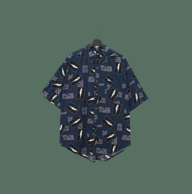 Back to Green- fish totem short-sleeved shirt dark blue picture frame fish vintage shirt - Men's Shirts - Cotton & Hemp 