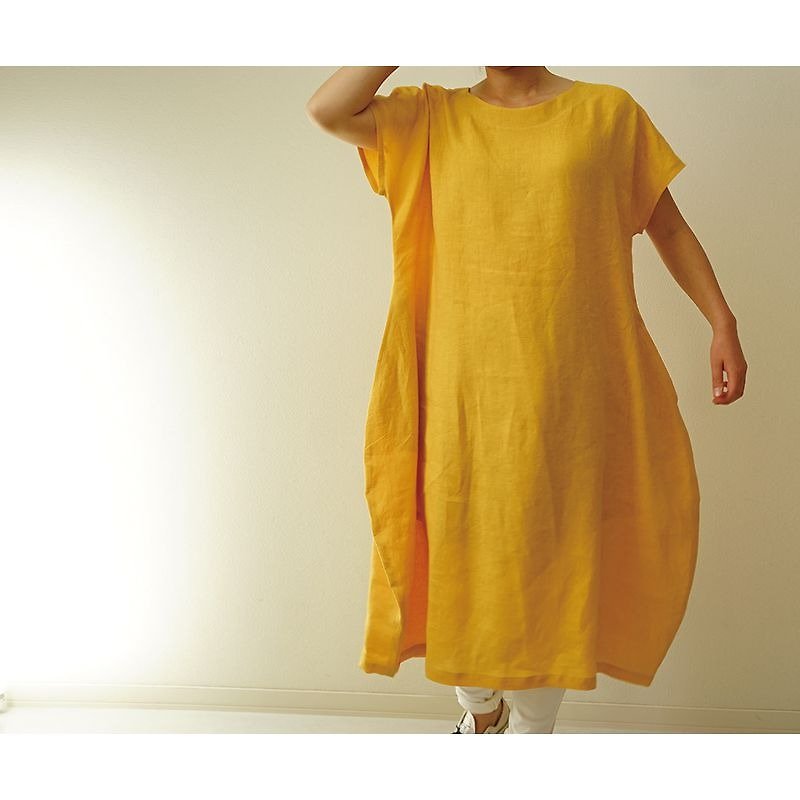 [Wafu] Ya flax (Gaama) linen 100% French sleeve Cocoon one piece / cambogia touou (Yellow-coloured) a41-18 - One Piece Dresses - Cotton & Hemp Yellow