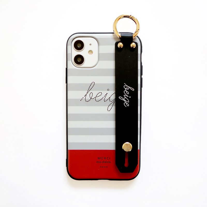 French gray red striped hand strap phone case - เคส/ซองมือถือ - พลาสติก สีเทา