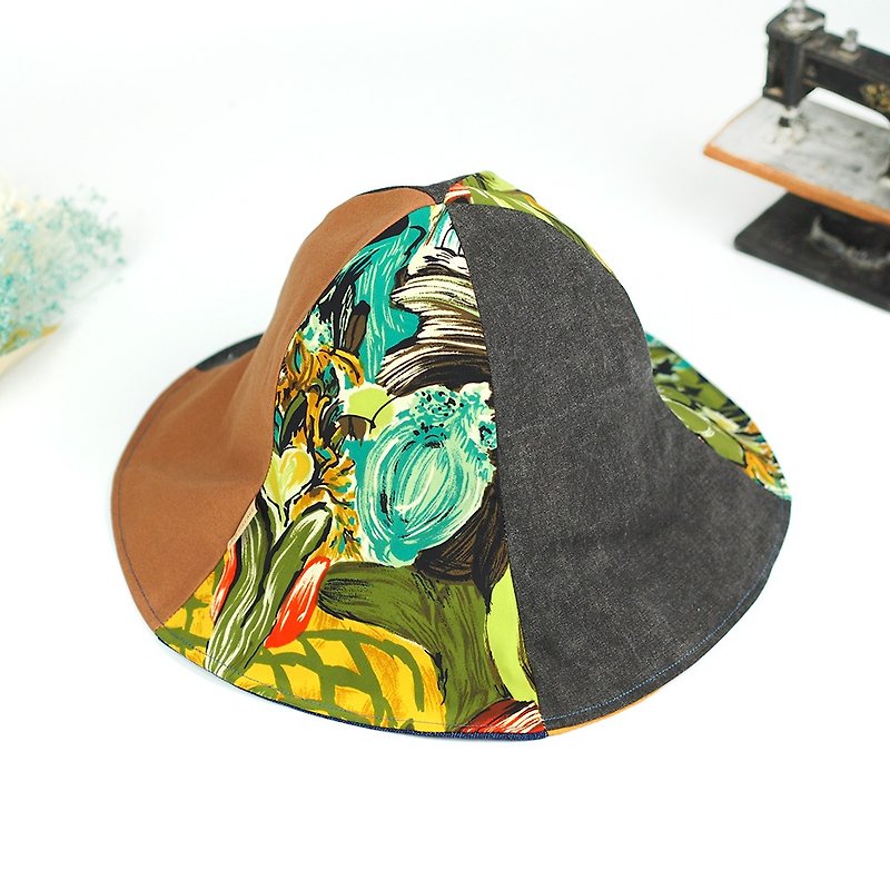 Hand-made double-sided design hat  - หมวก - ผ้าฝ้าย/ผ้าลินิน สีดำ