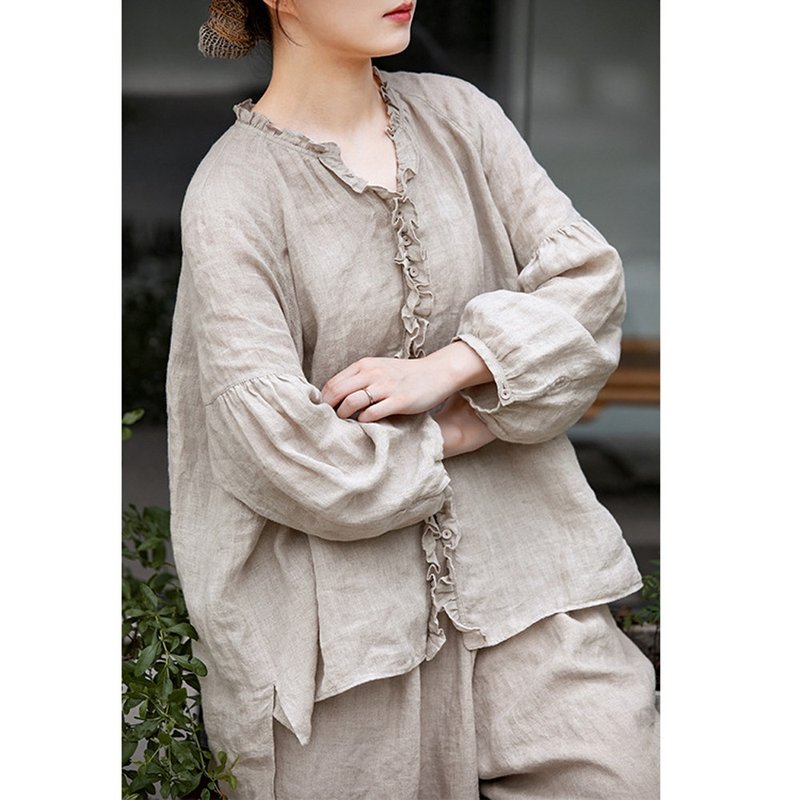 Moonlight Rain Dew Linen Semi-transparent Soft Lace Round Neck Shirt - Women's Shirts - Cotton & Hemp 