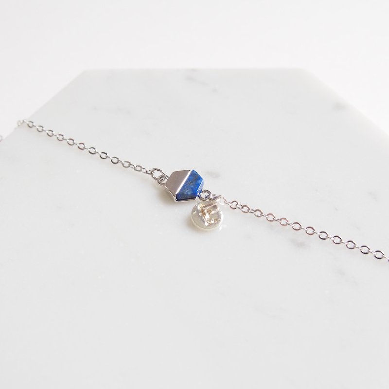 "KeepitPetite" hexagonal lapis lazuli · · · customized letters rhodium-plated copper chain bracelet Personalized Alphabet Bracelet - Bracelets - Gemstone Blue