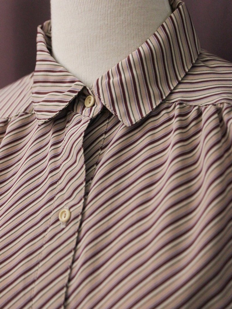 Vintage Elegant Diagonal Striped Geometric Khaki Powder Long Sleeve Vintage Shirt Vintage Blouse - Women's Shirts - Polyester Pink