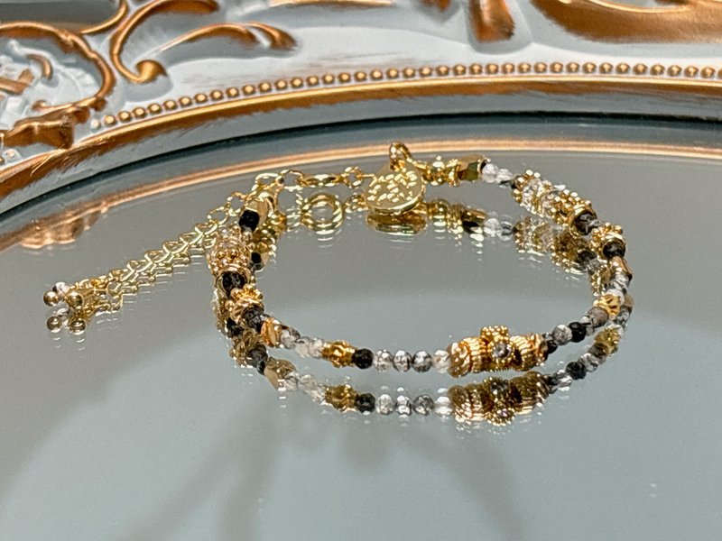 [Customized] Customized thin chain l Black crystal bracelet l 14k gold-filled accessories - สร้อยข้อมือ - คริสตัล สีเงิน