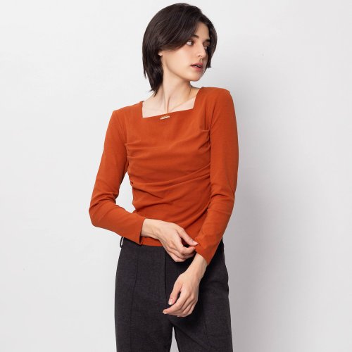 MEDUSA LADY 【MEDUSA】橘色抓皺方領修身上衣(M-XL) | 女長袖上衣 抓褶上衣