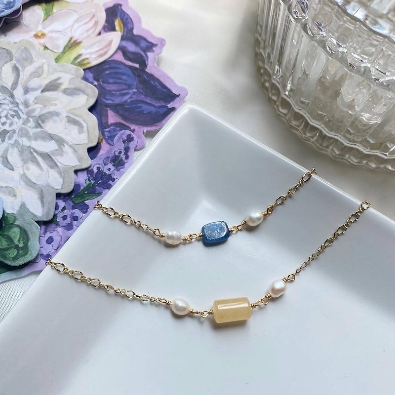 Long Natural Stone X Freshwater Pearl Bracelet | Topaz Stone - Bracelets - Semi-Precious Stones Multicolor