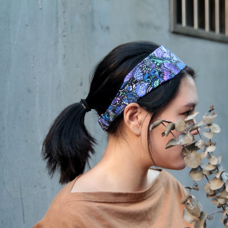 倒逆的蝶／紫色手工一字鬆緊髮帶_The Inversed Butterfly//cotton/Taiwan single elastic hair band - 髮夾/髮飾 - 棉．麻 紫色