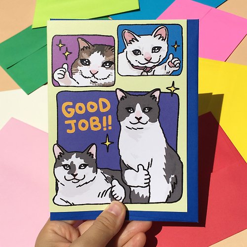 pinghattastudio Greeting Card - Good Job Thumbs Up Cat Meme Card